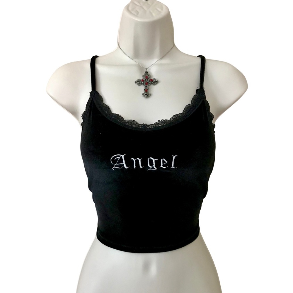 90s Y2K Style Sexy Black “Angel” Goth Grunge Velvet Lace Crop Top Tank Medium